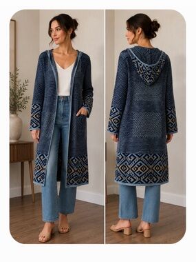Christopher & Banks Blue/Tan Boho Geometric Hooded Cardigan Sweater size Medium
